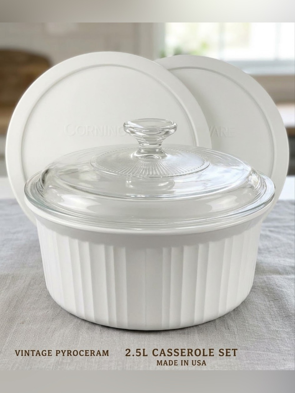 Vintage CorningWare French White F-1-B Pyroceram Round Casserole 2.5L Set 4 pc